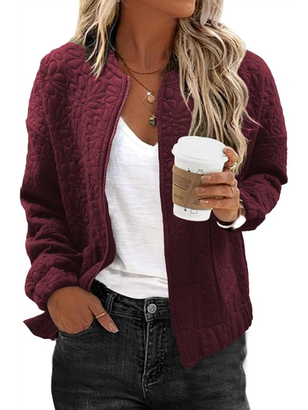 Women's Burgundy Lightweight Stand Collar Long Sleeve Outerwear Bomber Jacket